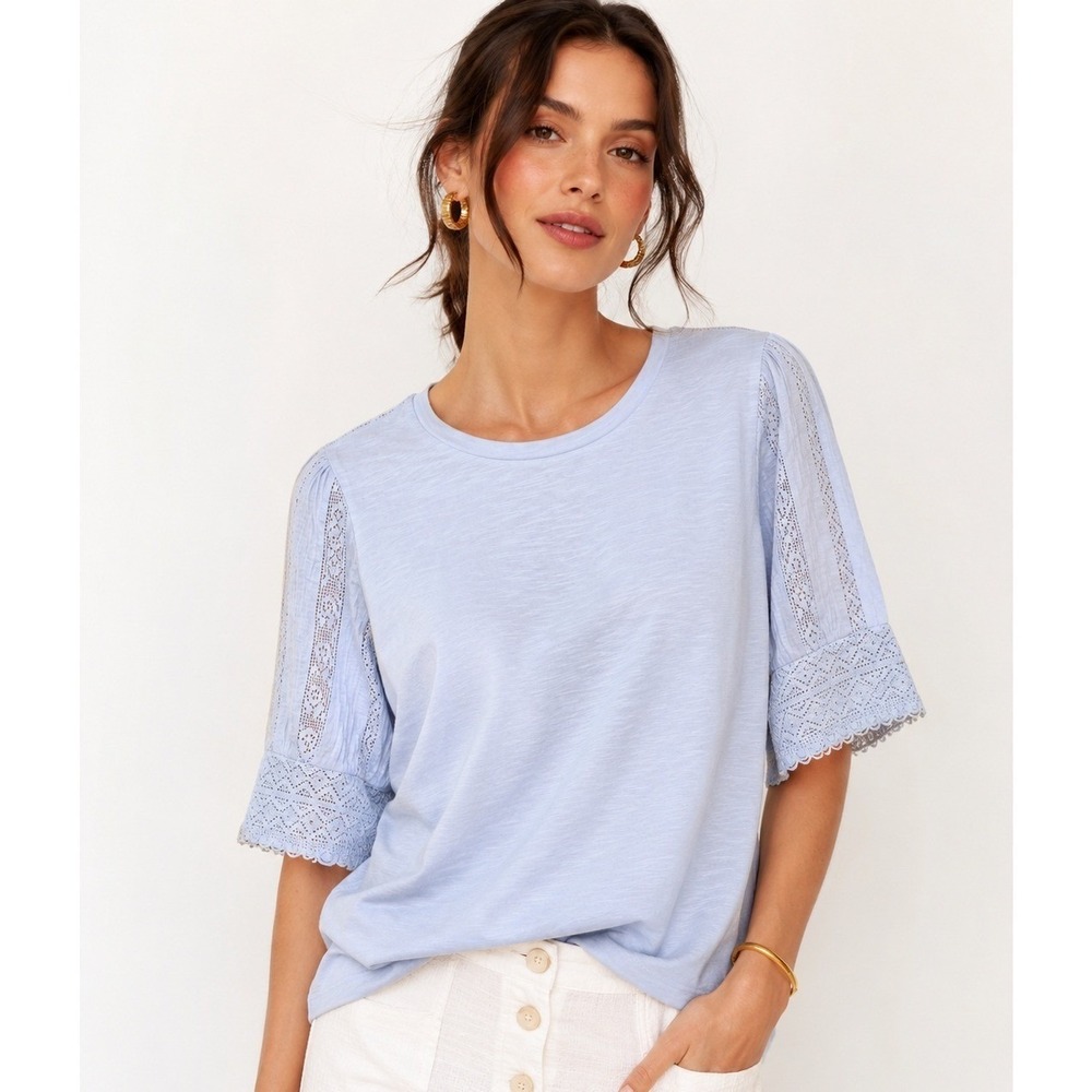 Design History Blue Lace Sleeve Cotton Slub Tee Top Size L NWT